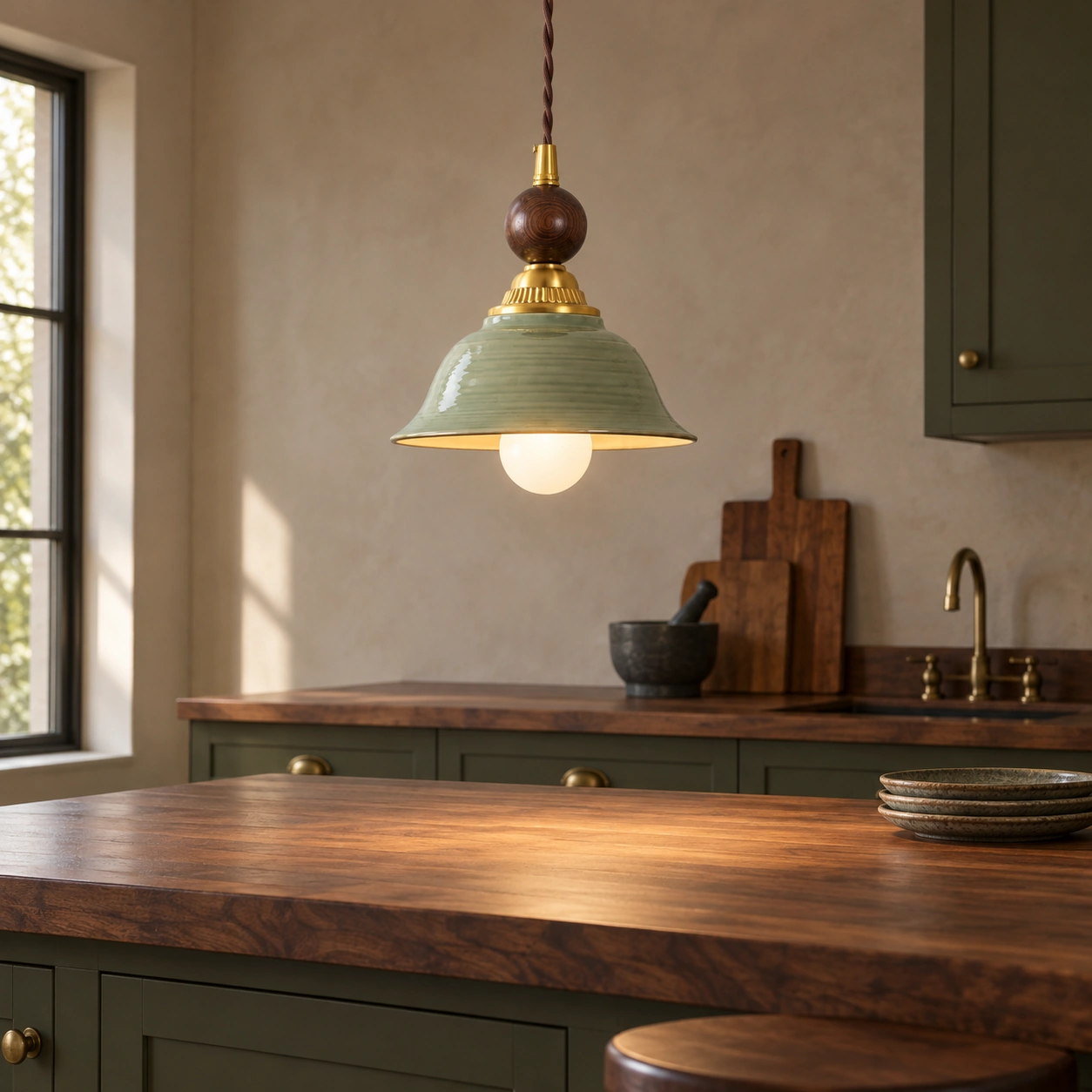 Vintage Green-Glazed Ceramic Pendant Light over a kitchen island