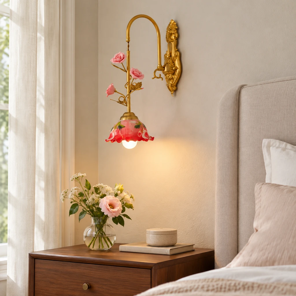 Odette floral wall sconce above a restrained bedside table