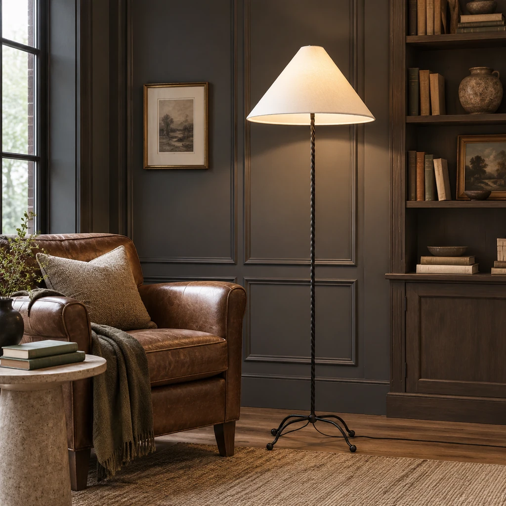 Sage floor lamp in a home library