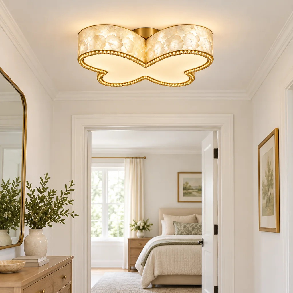 Vintage butterfly shell flush mount, 50 cm wide, in a bright bedroom entry