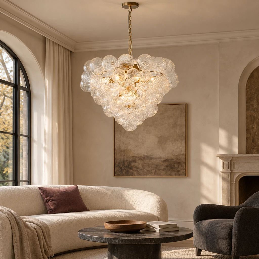 Amelie glass globe chandelier above a collected salon seating group