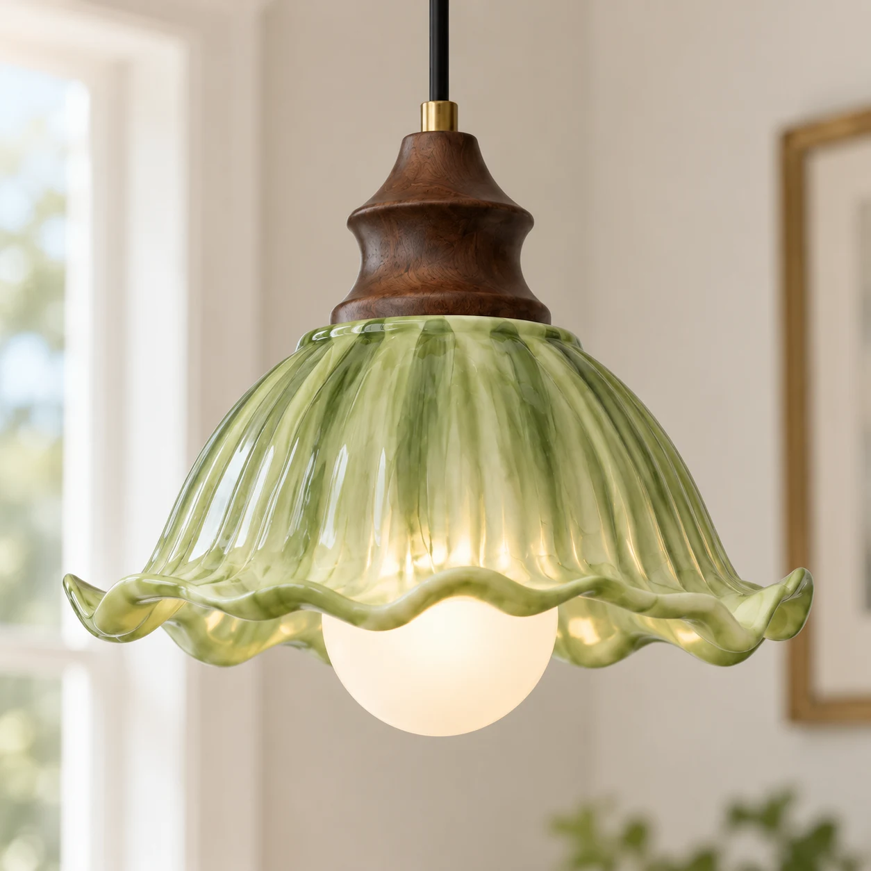 Scalloped ribbed green glass shade close-up