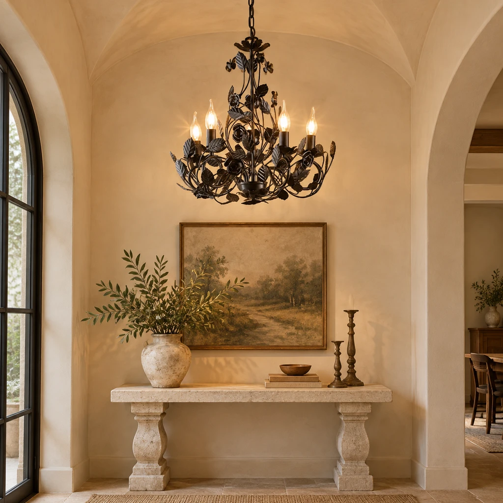 Cleo leaf chandelier above a French rustic console