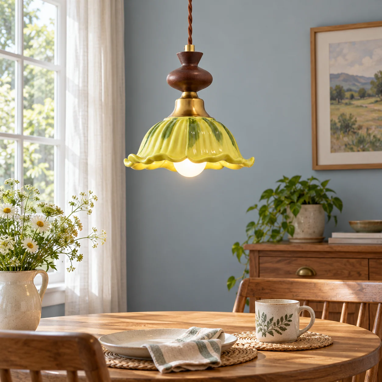Vintage green ceramic wood pendant over breakfast nook