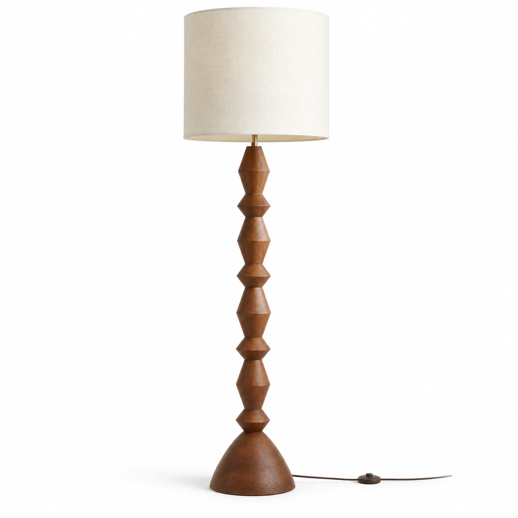 Maya Vintage Carved Wood and Fabric Floor Lamp, Carved Wood, complete product isolated on white
