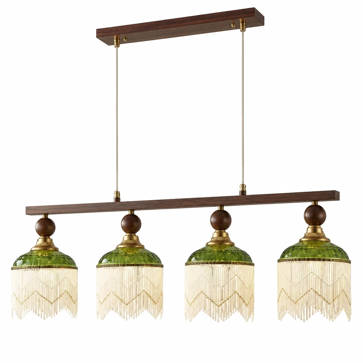 Wushlp Vintage Four-Light Green Glass Linear Pendant Light on a clean white background