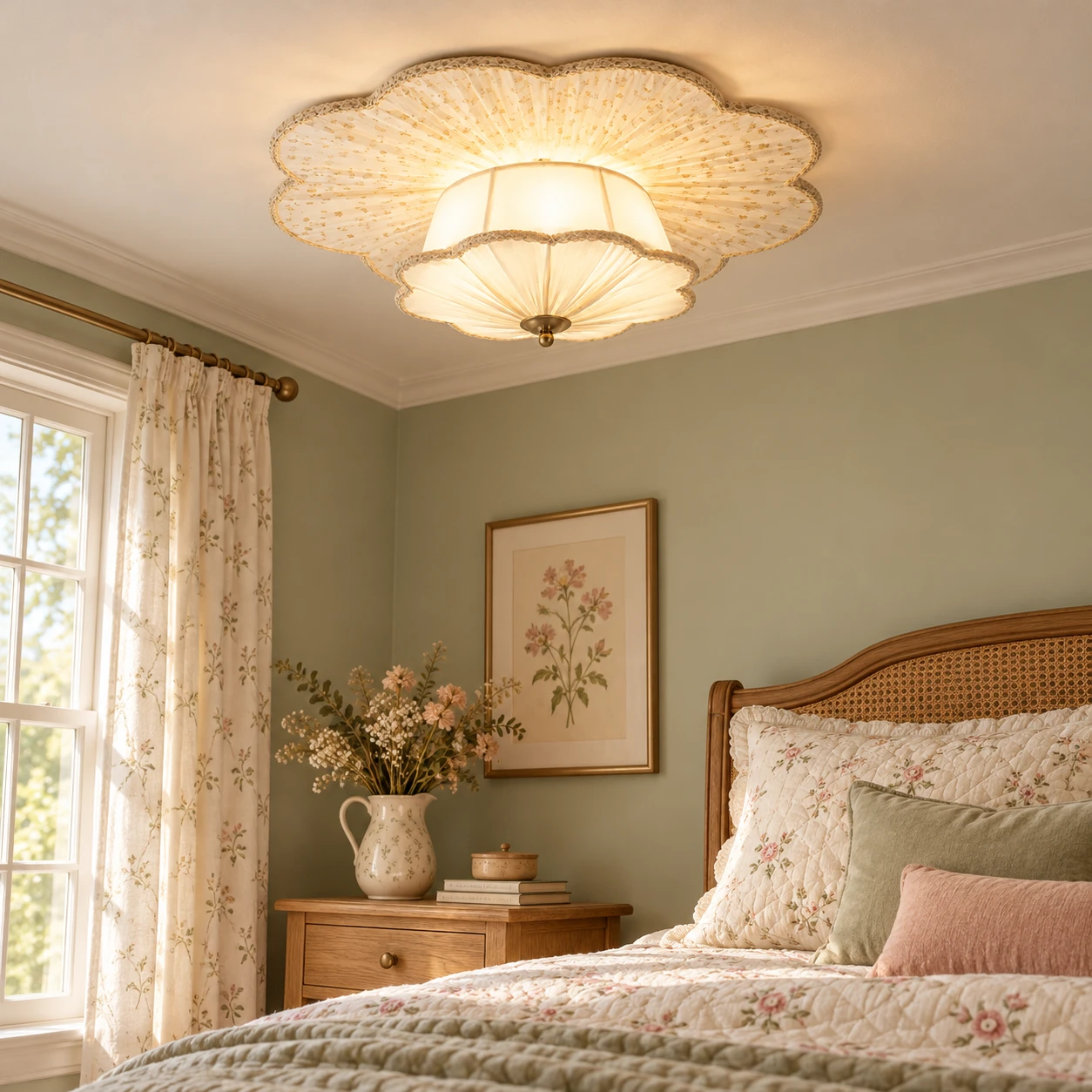 Elise floral fabric ceiling light in a quilted guest room