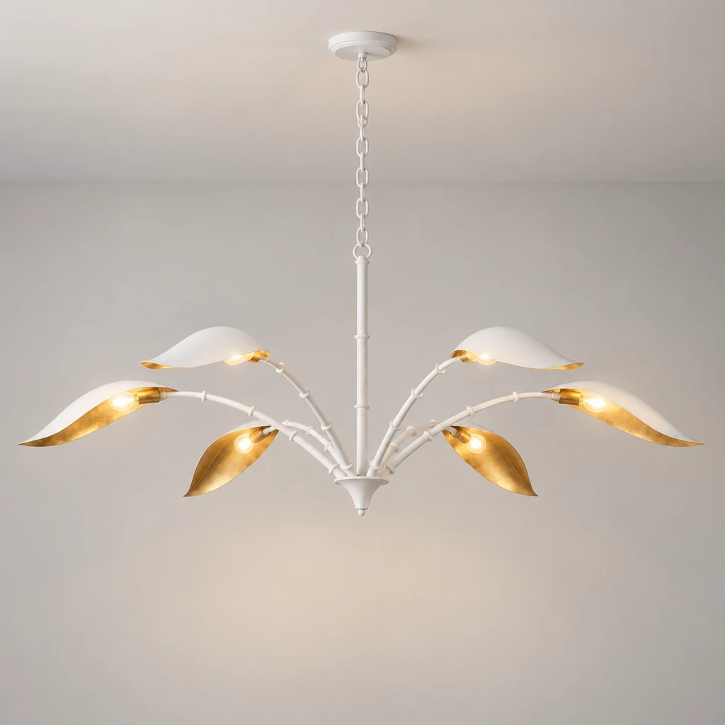 Elowen white and gold six-light chandelier illuminated in a neutral studio