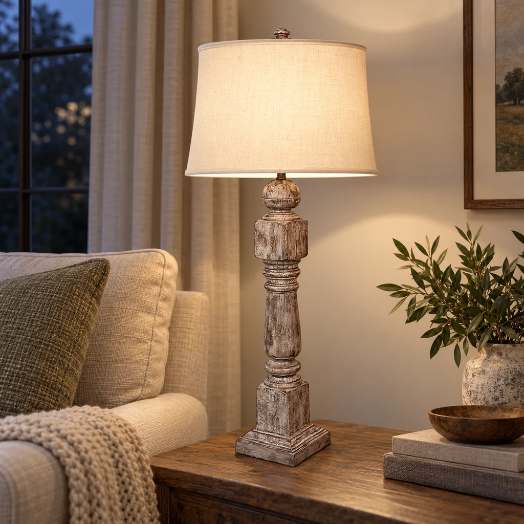 Alden table lamp glowing in an evening living corner