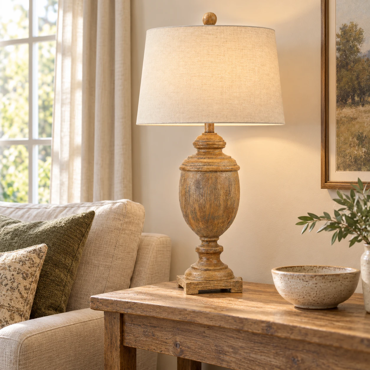 Ellis wood table lamp on a living room console