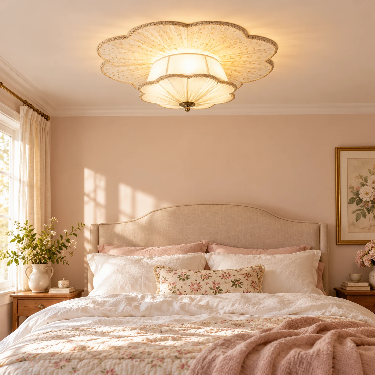 Elise floral fabric ceiling light in a linen bedroom