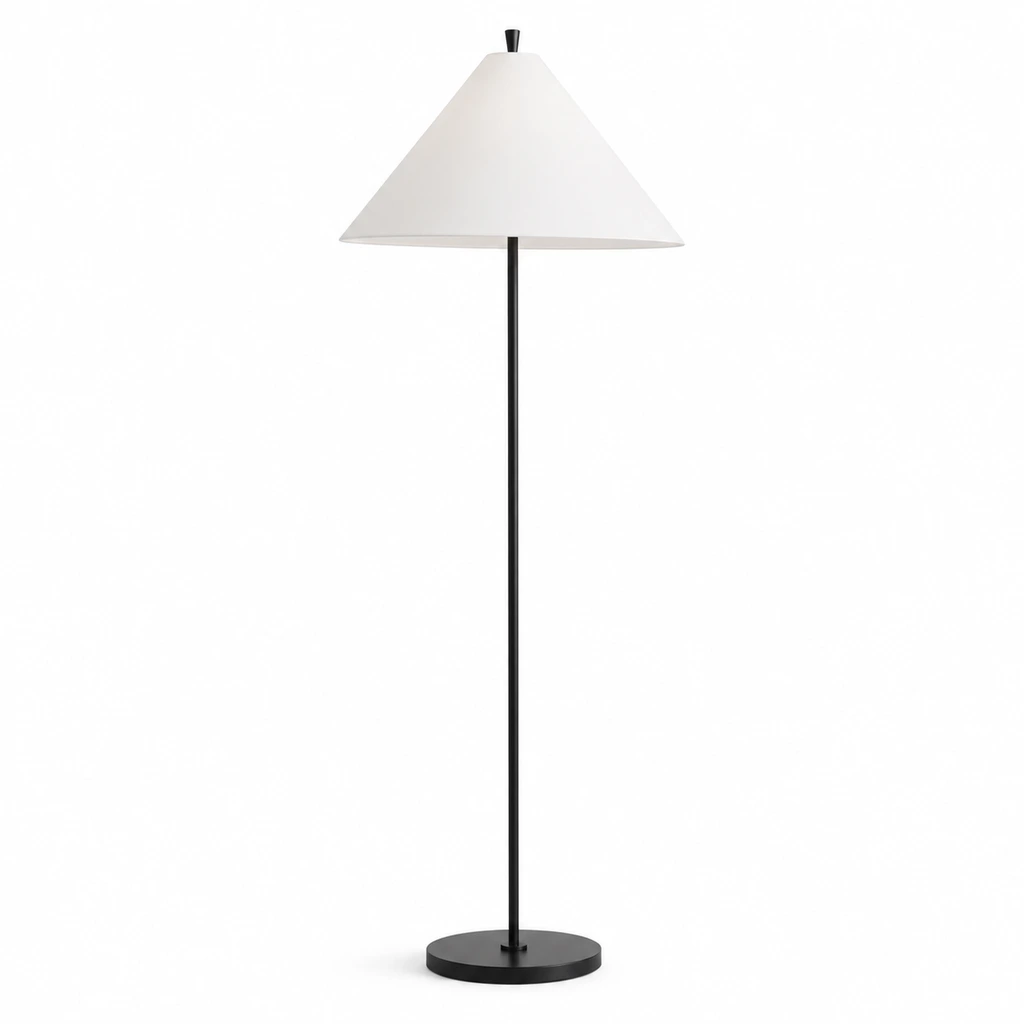 Matte black Clara tapered fabric shade floor lamp on white