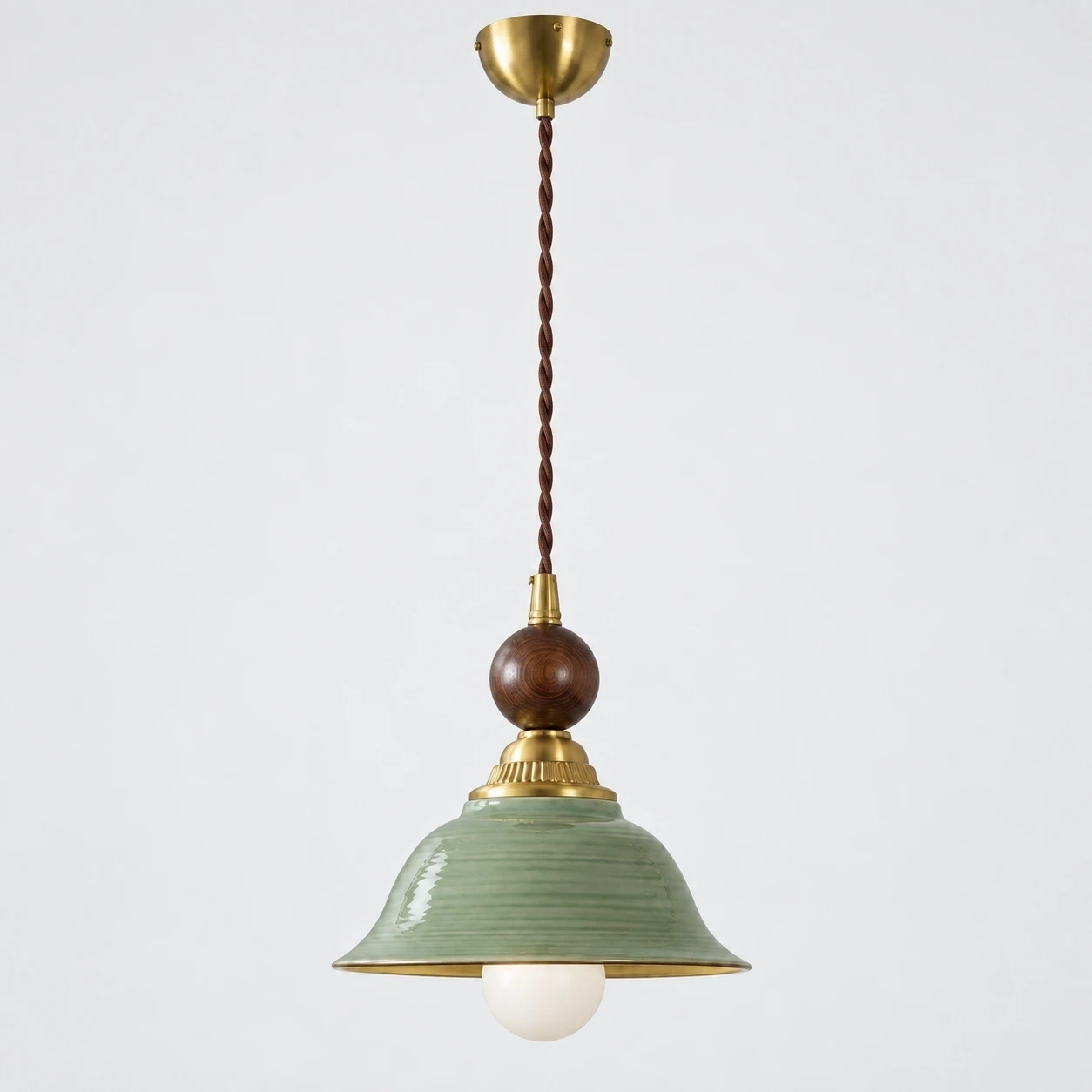Vintage Green-Glazed Ceramic Pendant Light switched off in a neutral studio setting