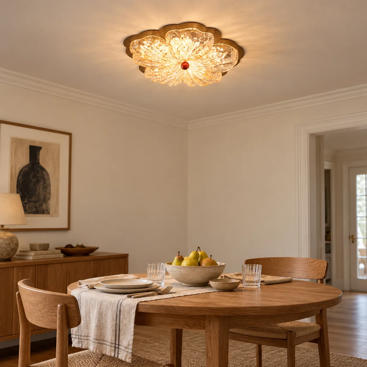 Coffee floral flush mount above a dining table