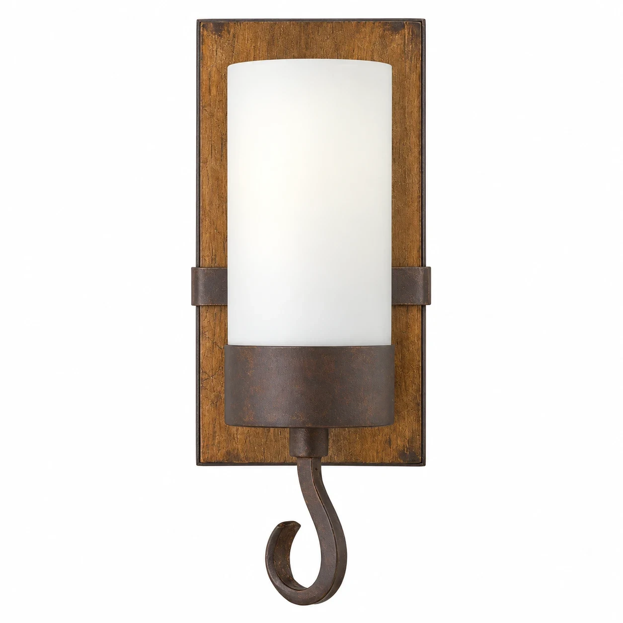 Wren rustic candle-style wood wall sconce with frosted glass on white background