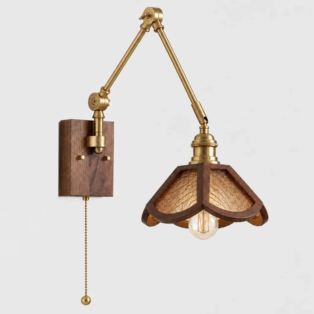 Wushlp Vintage Adjustable Ash-Wood and Copper Wall Light switched off in a neutral studio