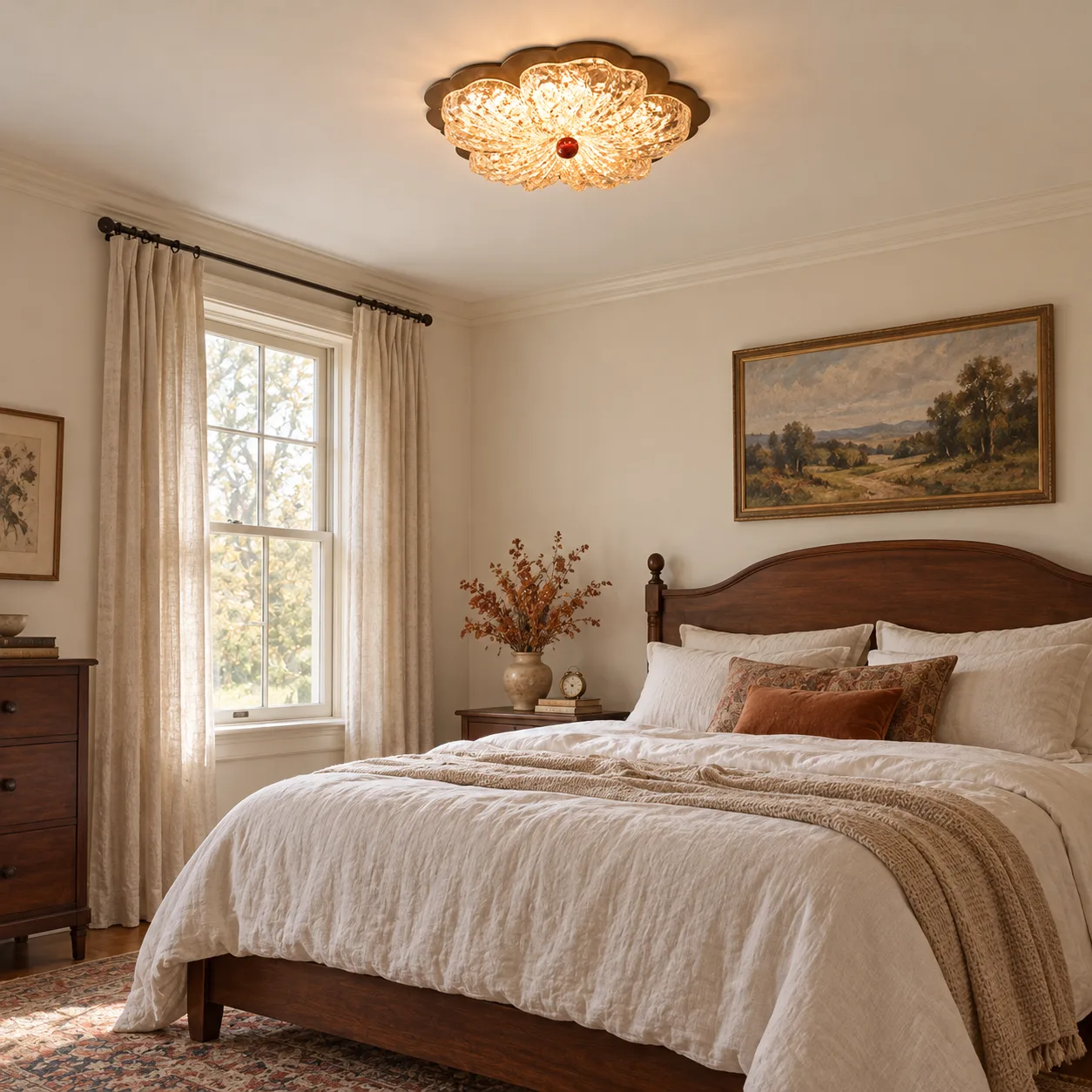 Coffee floral flush mount in a lived-in bedroom