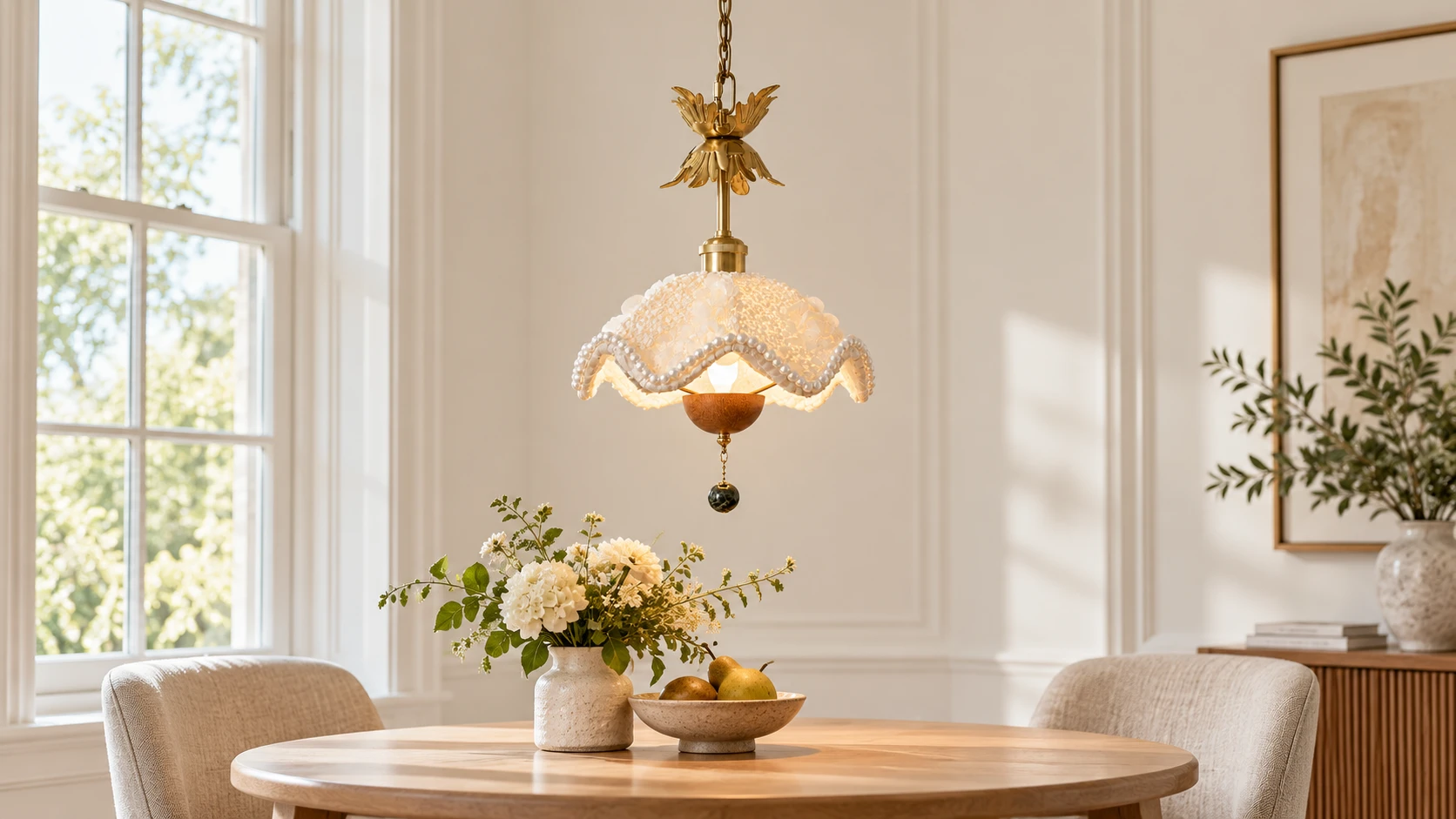 Sophie floral fabric pendant light centered over a dining table