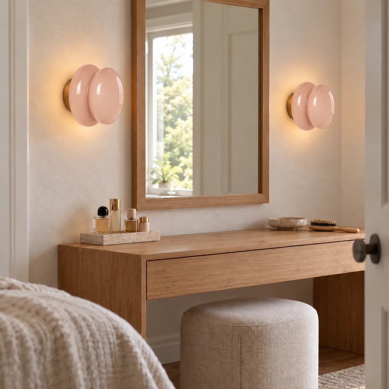 Pale pink wall light by a dressing table