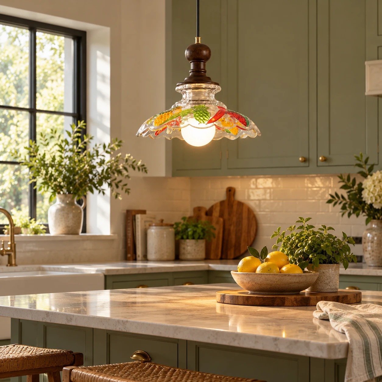 Painted glass pendant light above a kitchen island