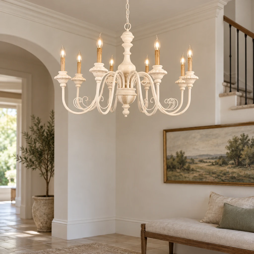 Elise American Vintage Carved Wood Chandelier, Soft White Wood, medium-near entry setting