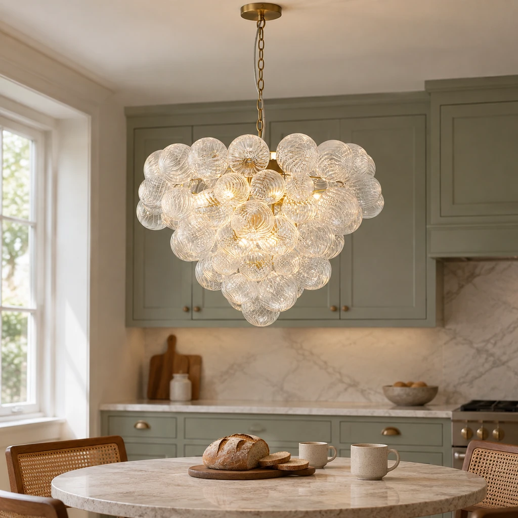 Amelie glass chandelier above a sage kitchen breakfast nook