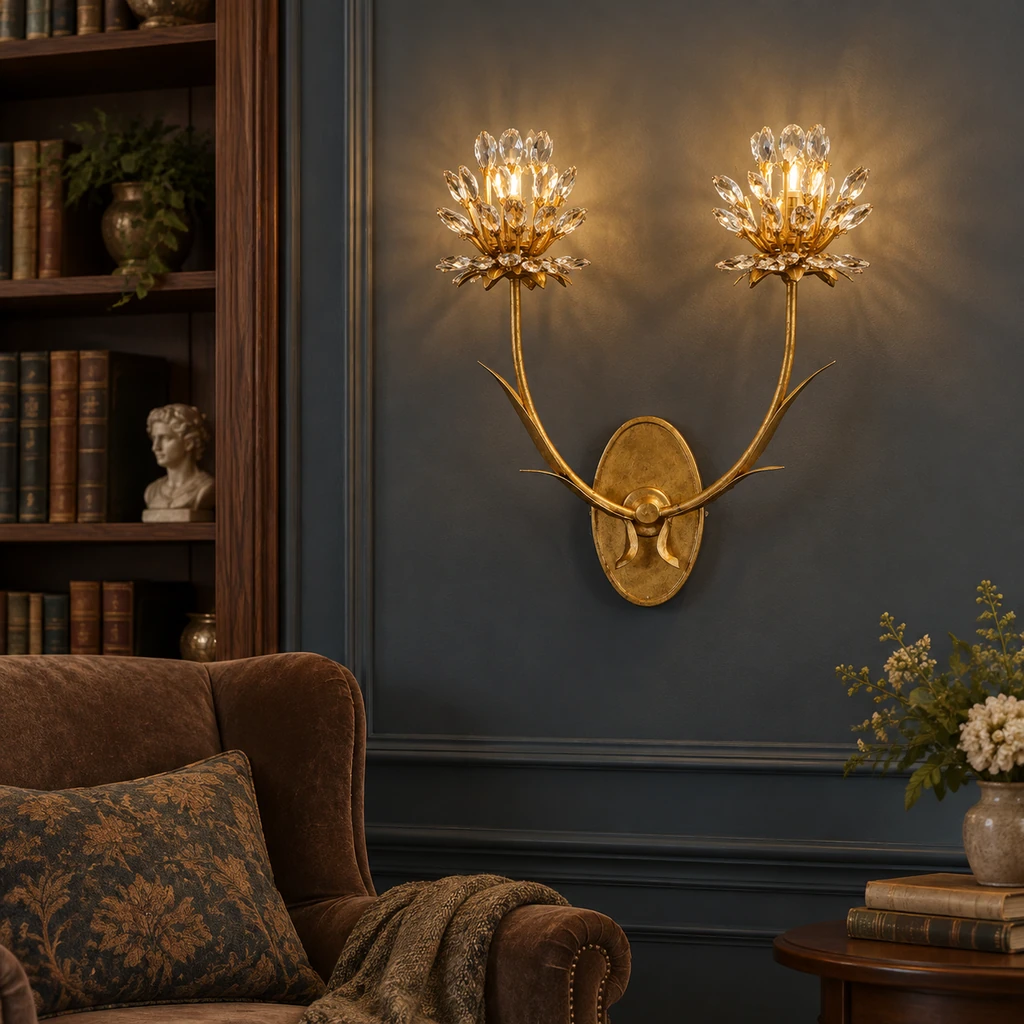 Aria crystal flower wall light in a home library
