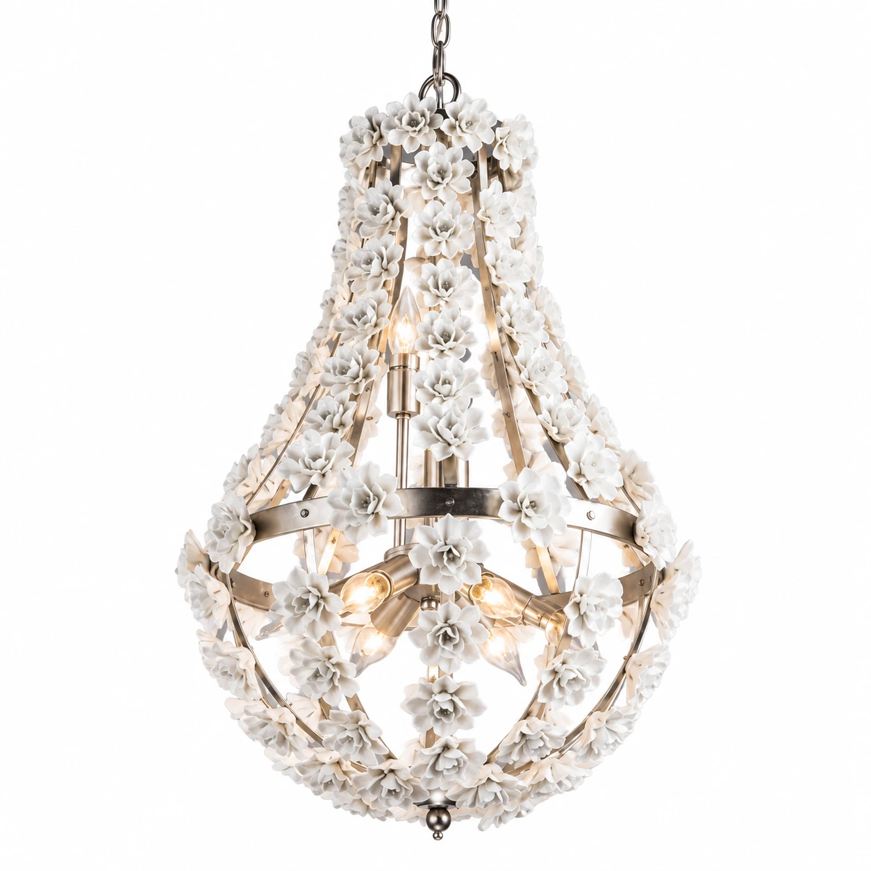 Silver floral teardrop chandelier, diameter 40 cm, on white