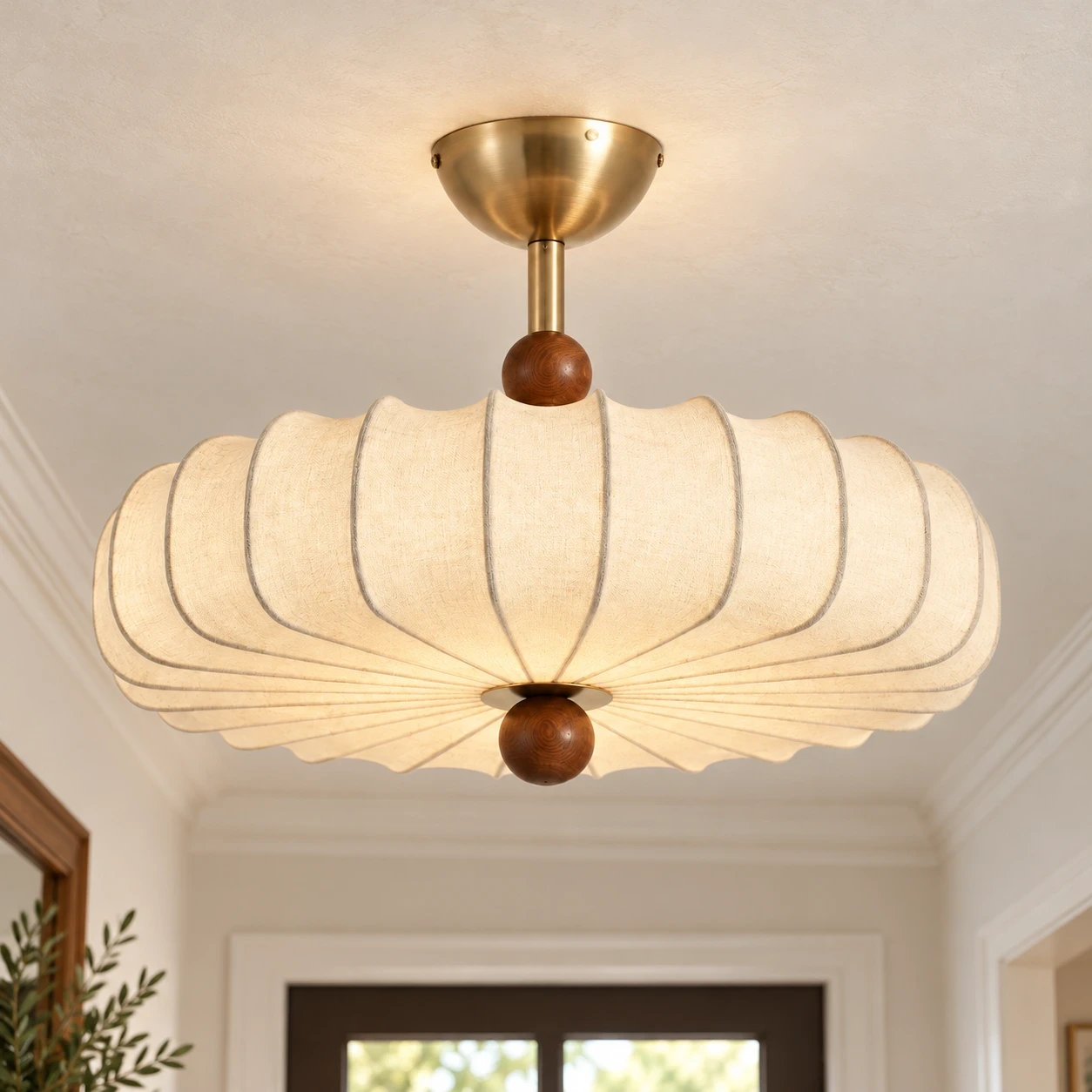 Wushlp Vintage Premium Fabric and Metal Flush Mount Ceiling Light in a bright entryway