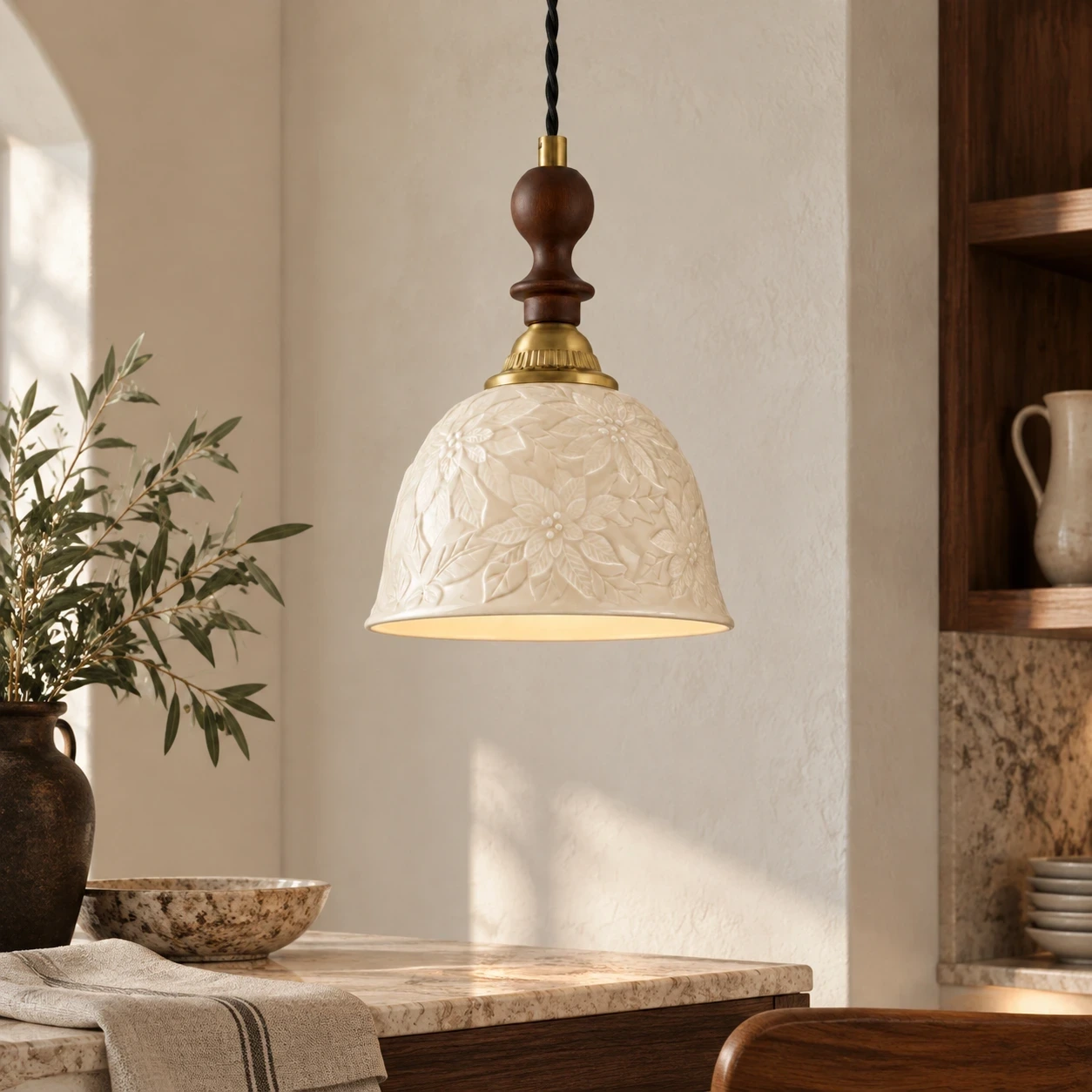 Wushlp Vintage Embossed Ceramic and Solid-Wood Pendant Light above a compact bar corner
