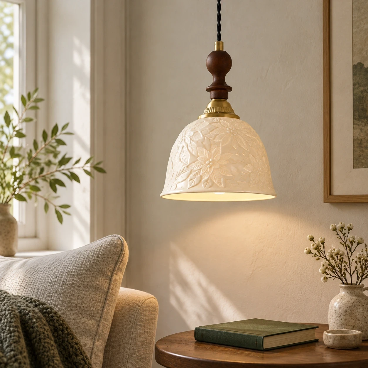 Wushlp Vintage Embossed Ceramic and Solid-Wood Pendant Light above a compact reading corner