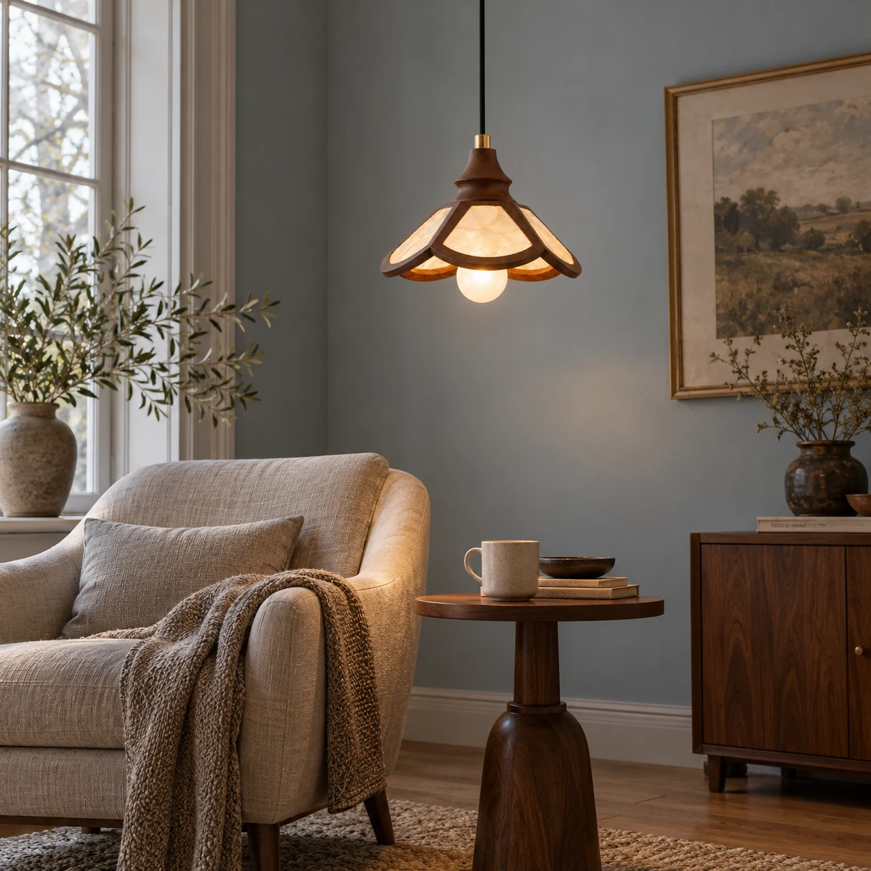 Vintage petaled shell pendant in a reading corner