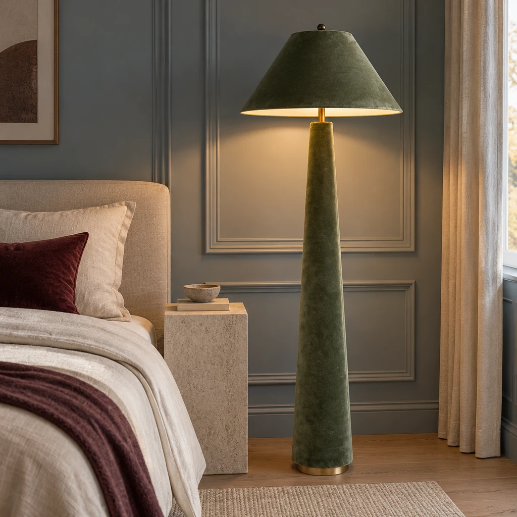 Marlowe oil-green floor lamp beside a low bedroom setting