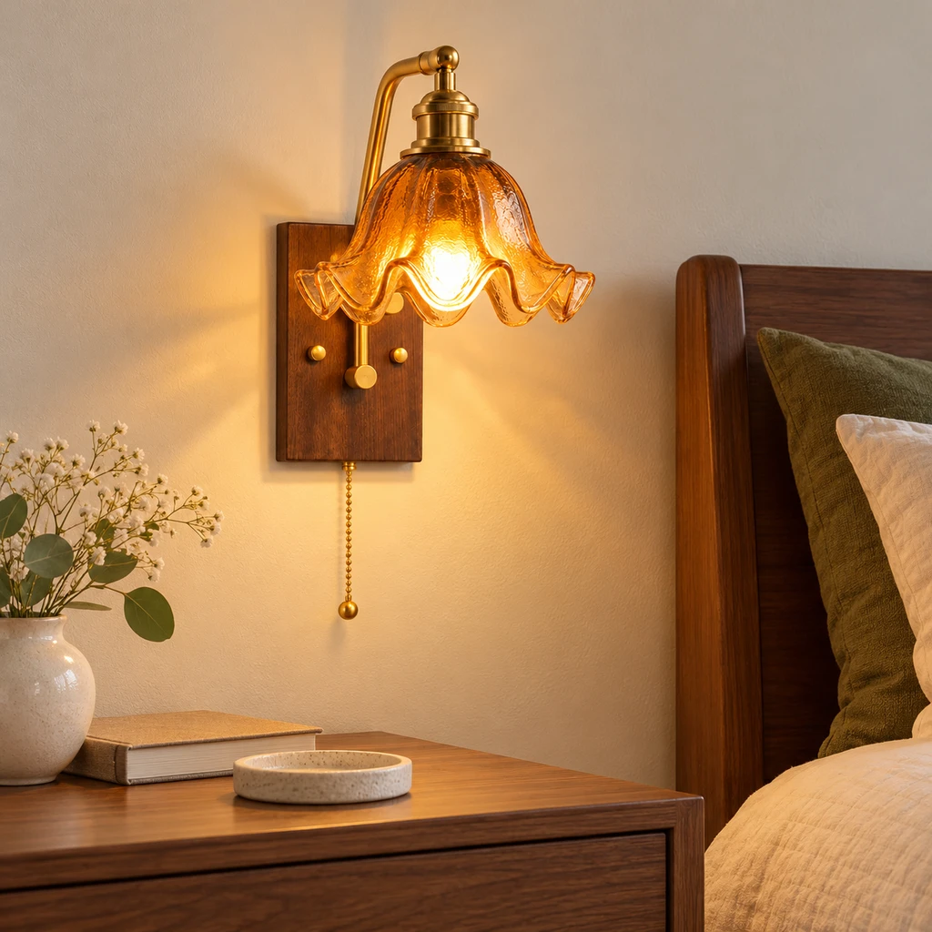 Nora amber glass petal wall sconce beside a bed
