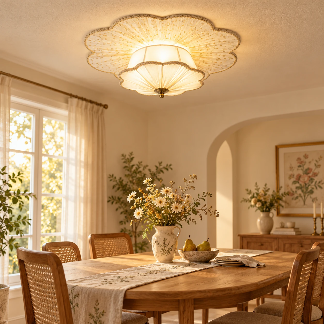 Elise floral fabric flush mount over a cream dining table