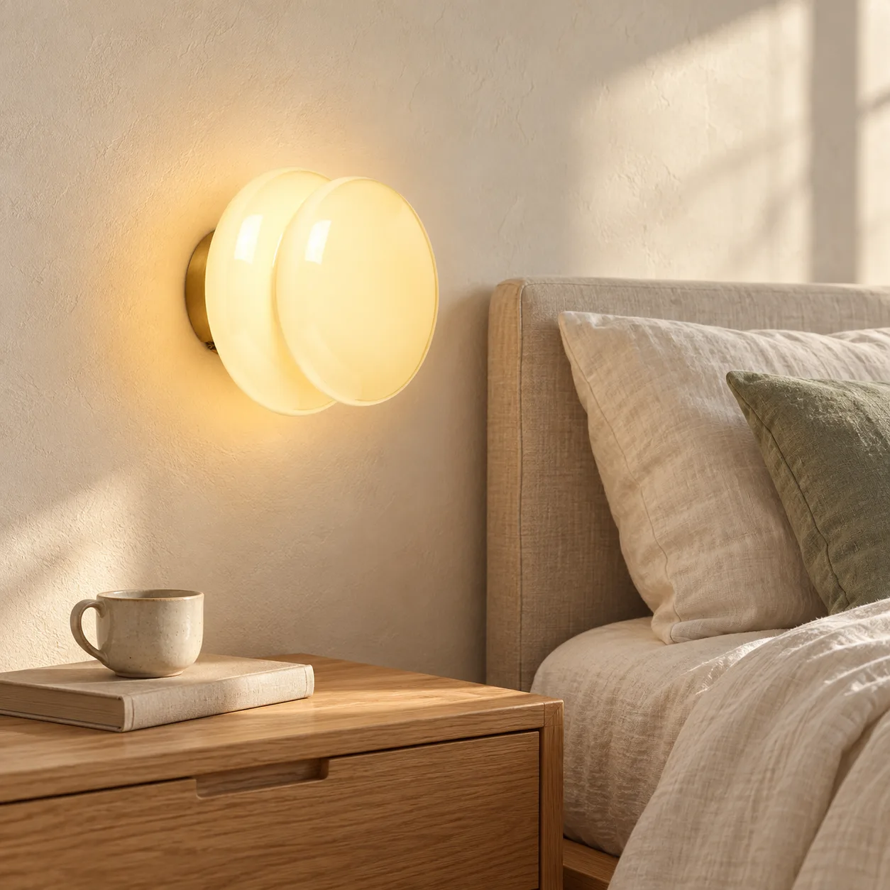 Light yellow wall light beside a bed
