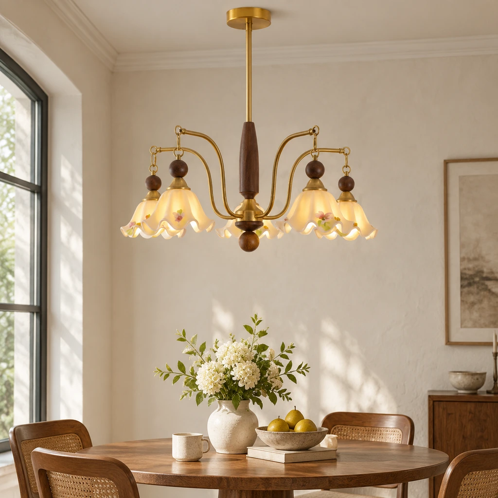 Camille French vintage floral chandelier over a dining table