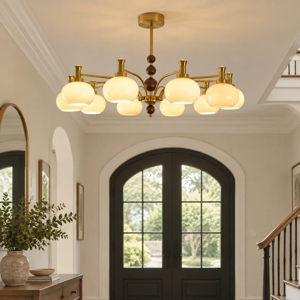 Maeve French Multi-Light Glass Wood Chandelier in an entry setting