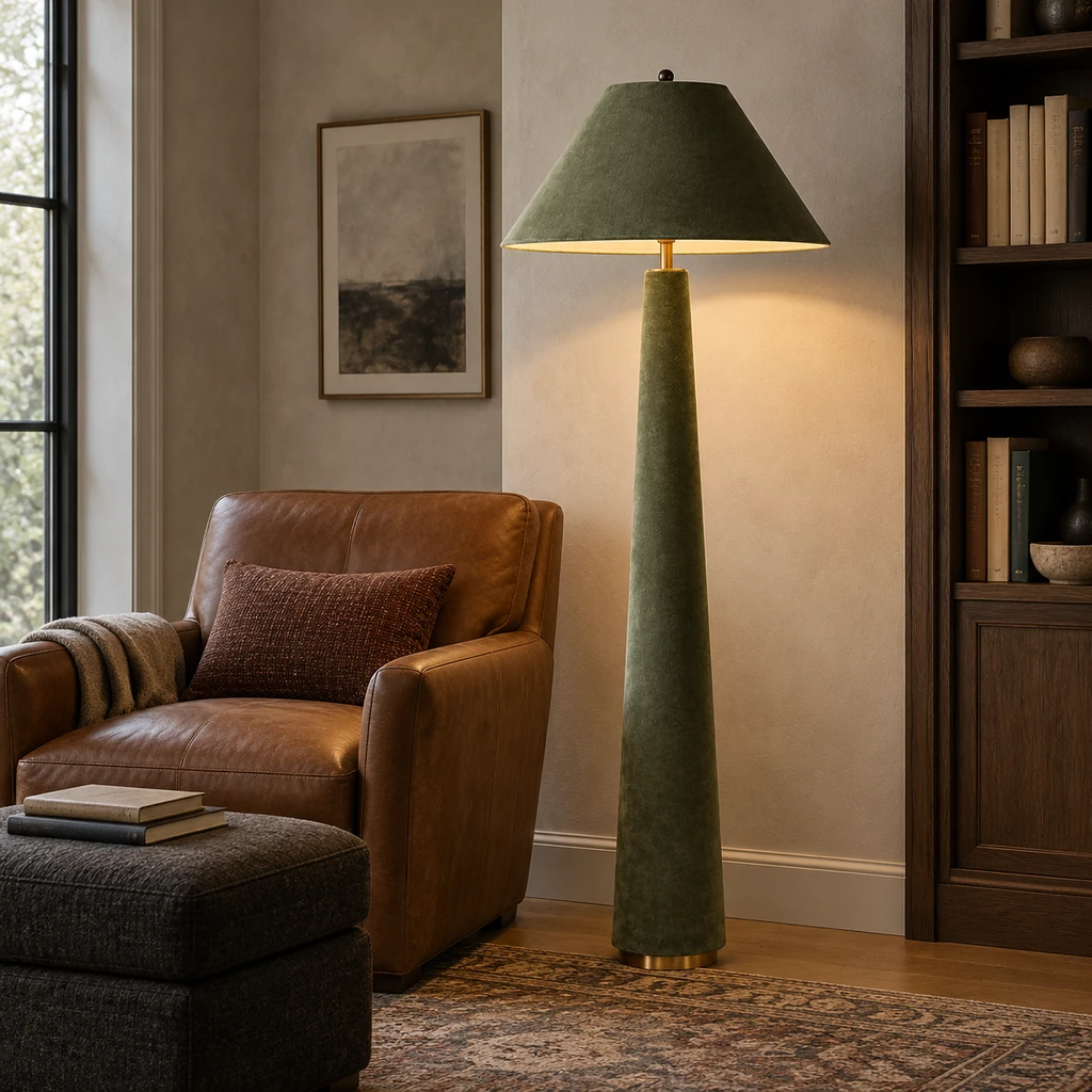 Marlowe velvet floor lamp in a compact home library