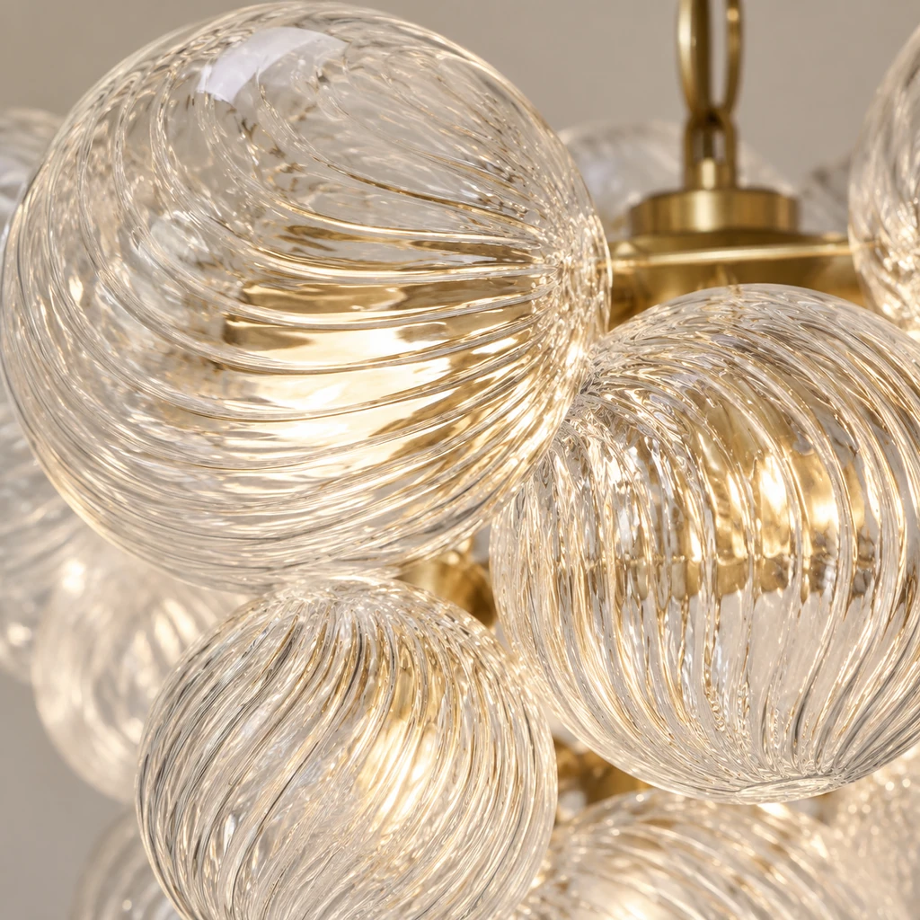 Close detail of overlapping clear swirled glass globes