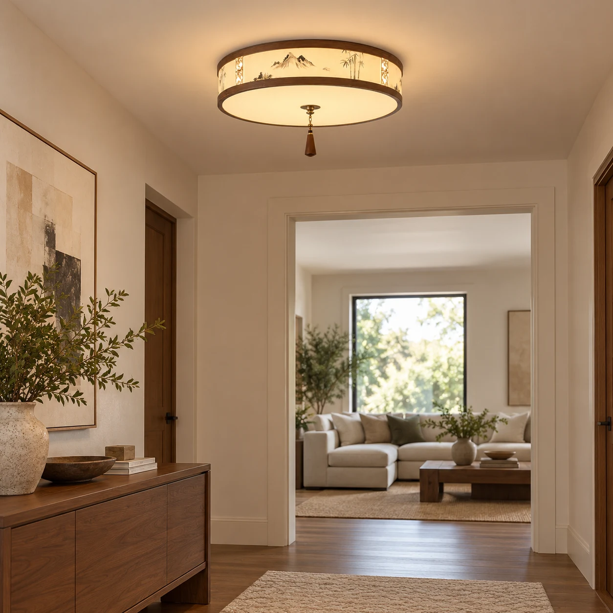 Mei landscape fabric flush mount ceiling light in an entry foyer