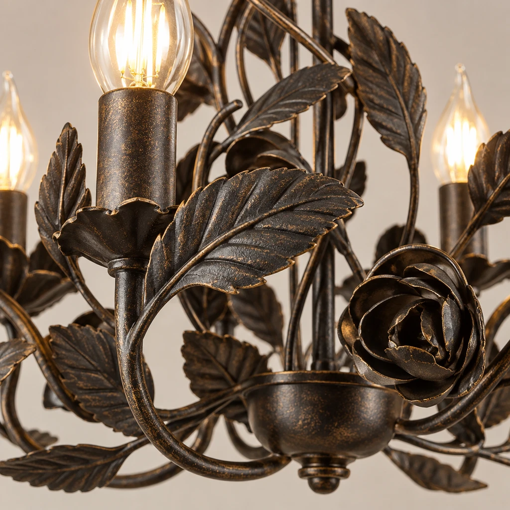 Close detail of Cleo antique-black painted metal arm and leaf edge