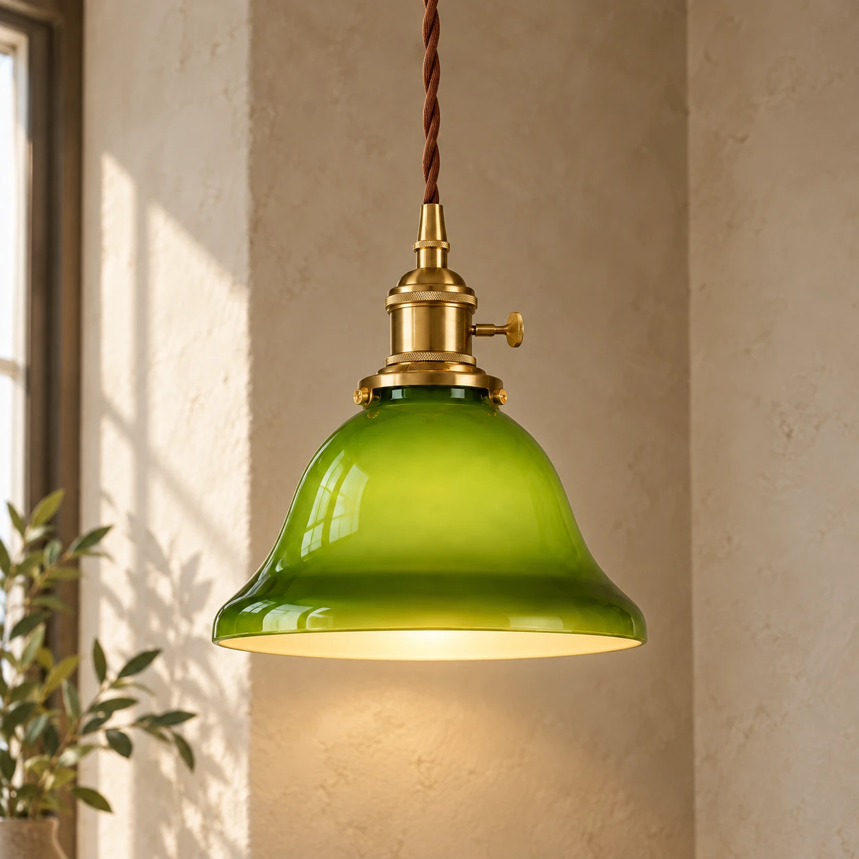 Green glass pendant lamp close-up with brass fittings
