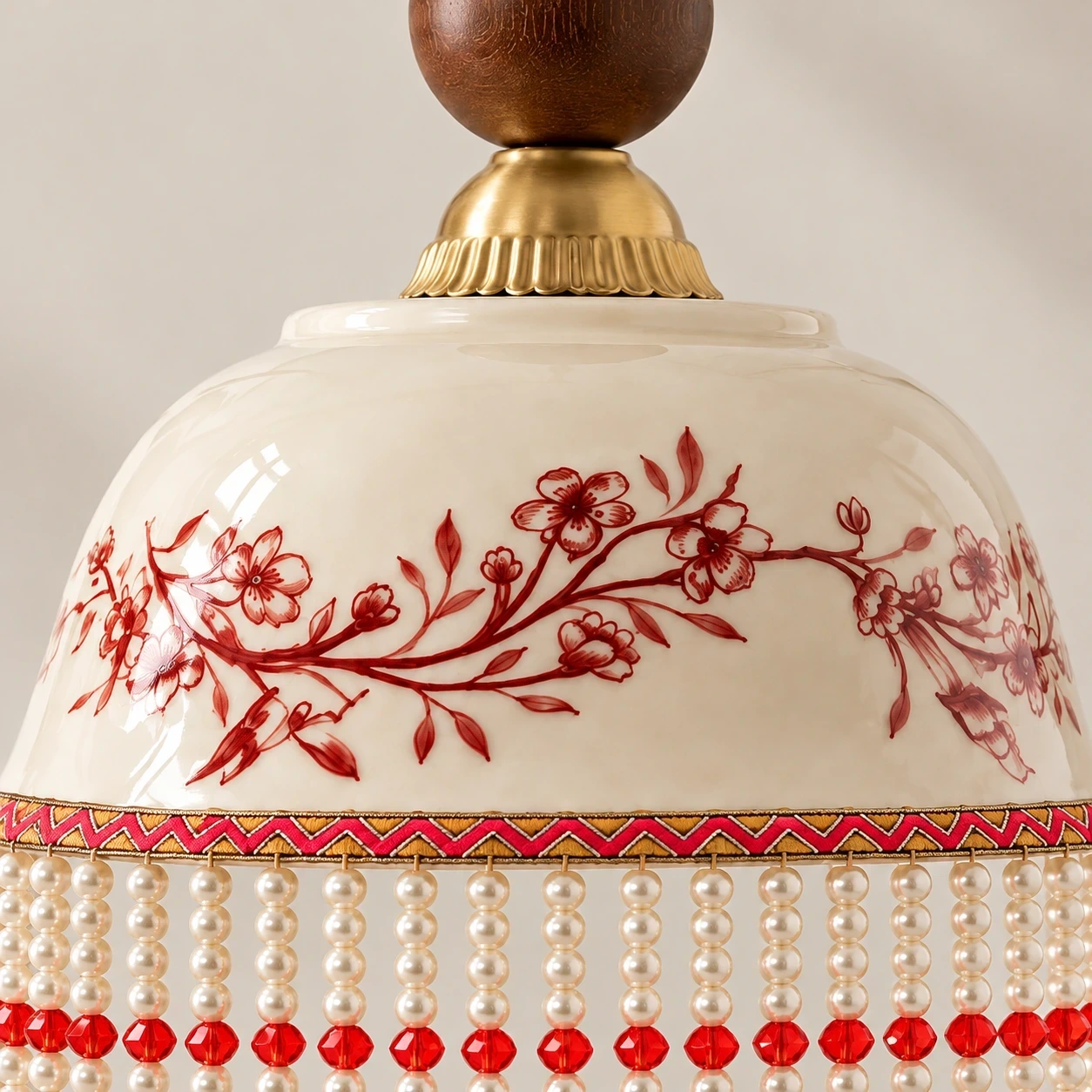 Ivory ceramic shade with red floral motif