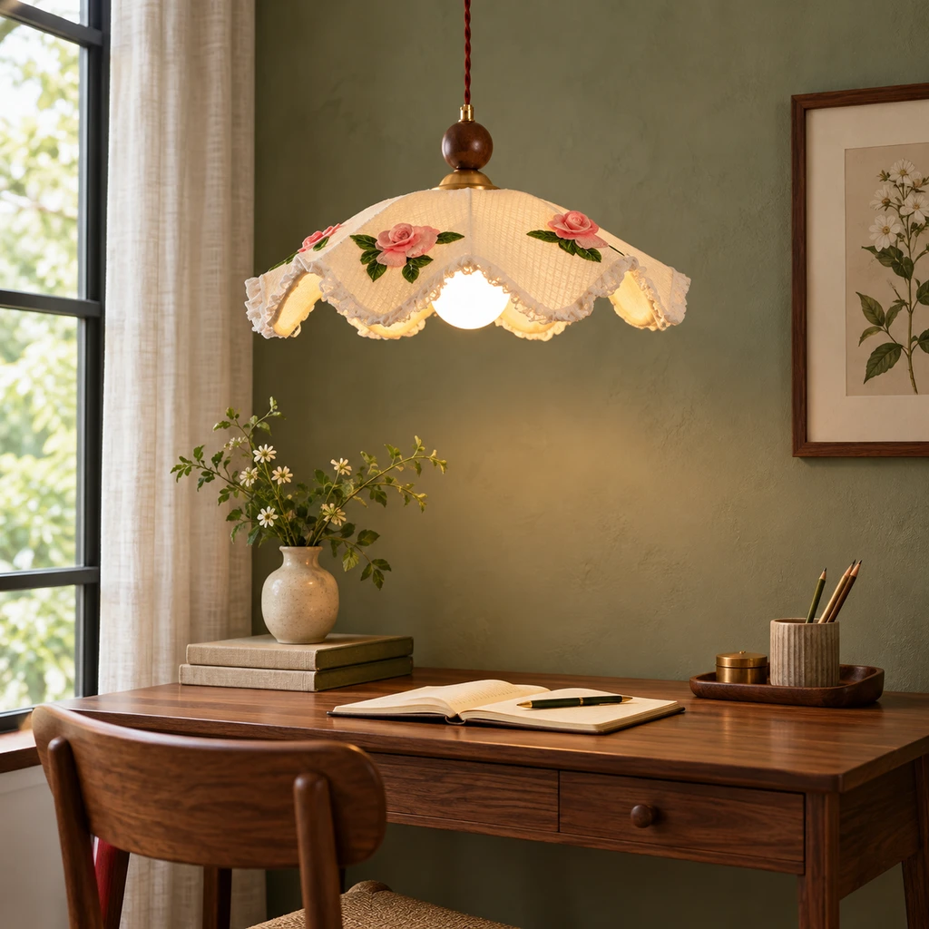Nora embroidered pendant light above a compact study