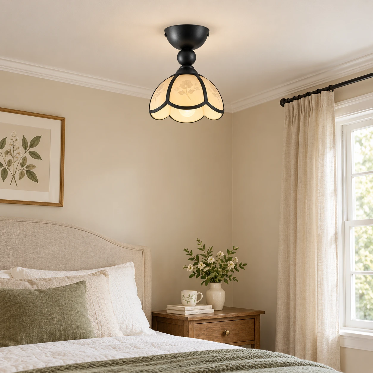 Vintage petal acrylic flush mount ceiling light in a linen bedroom
