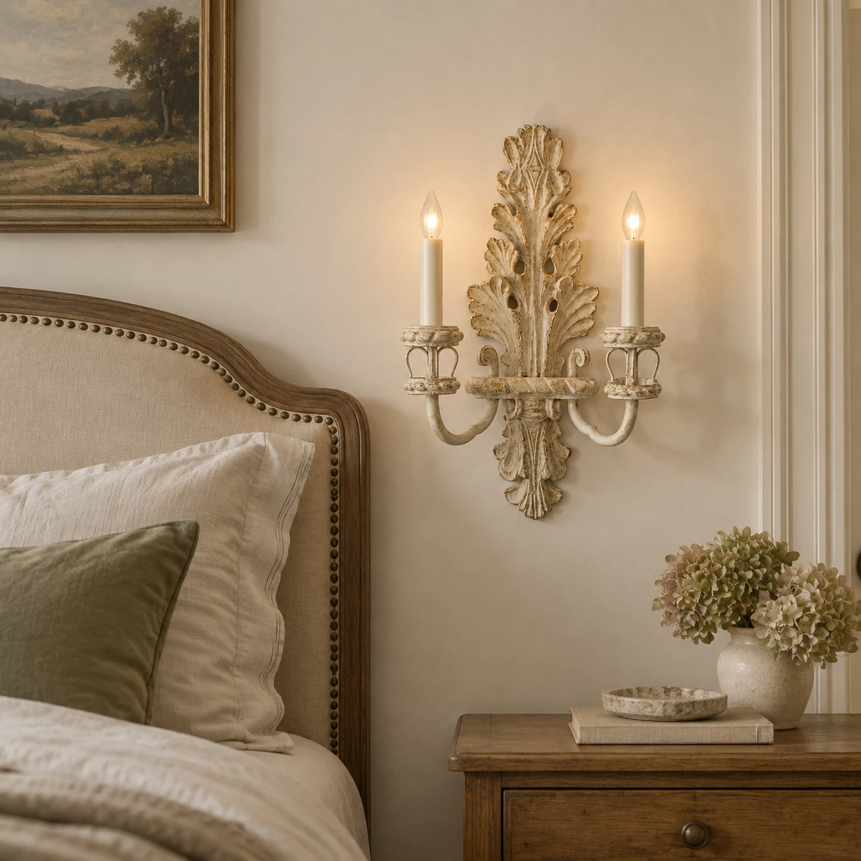 Odette French Candle Wood Wall Sconce in a residential interior