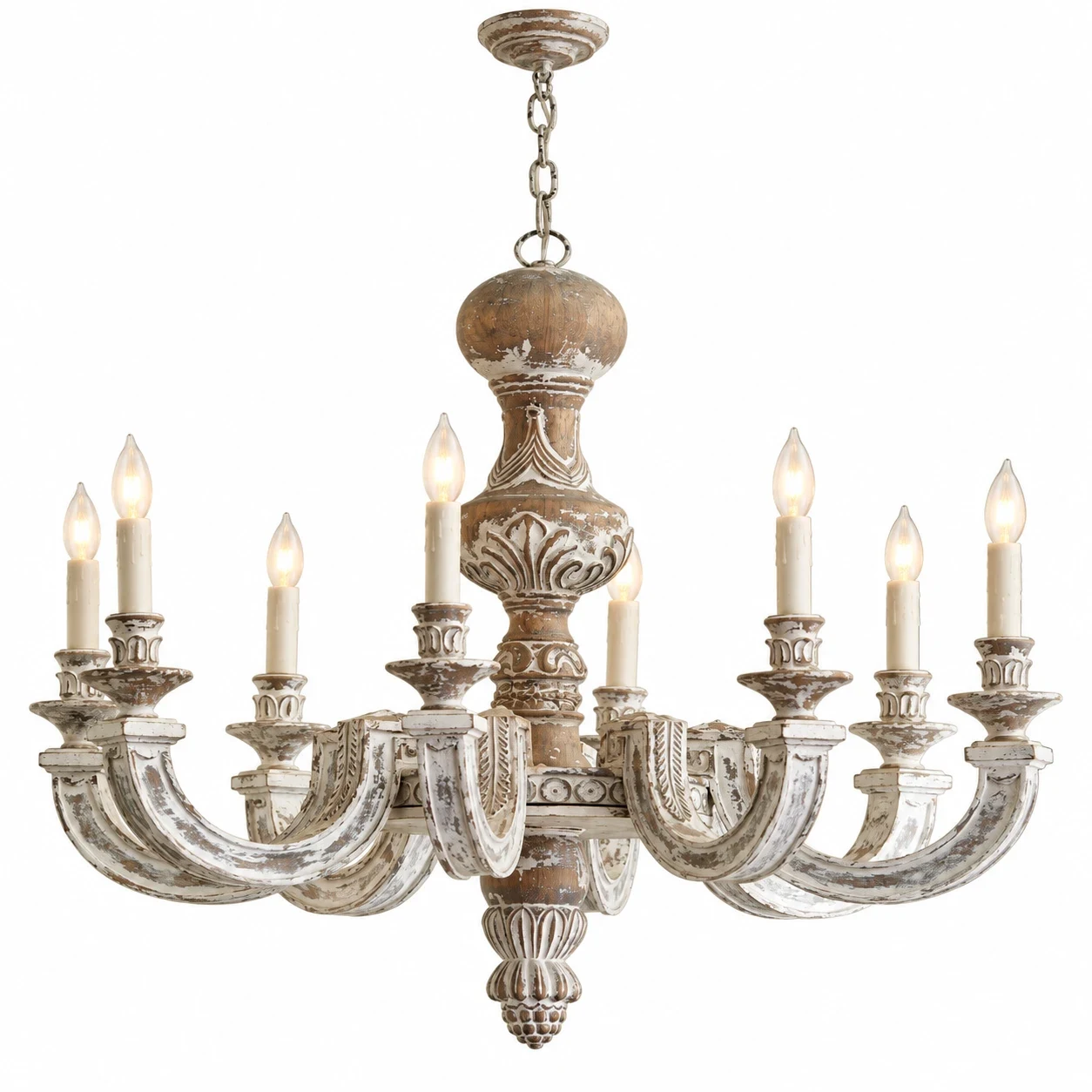 Elowen eight-light rustic wood chandelier in distressed whitewashed finish on white background