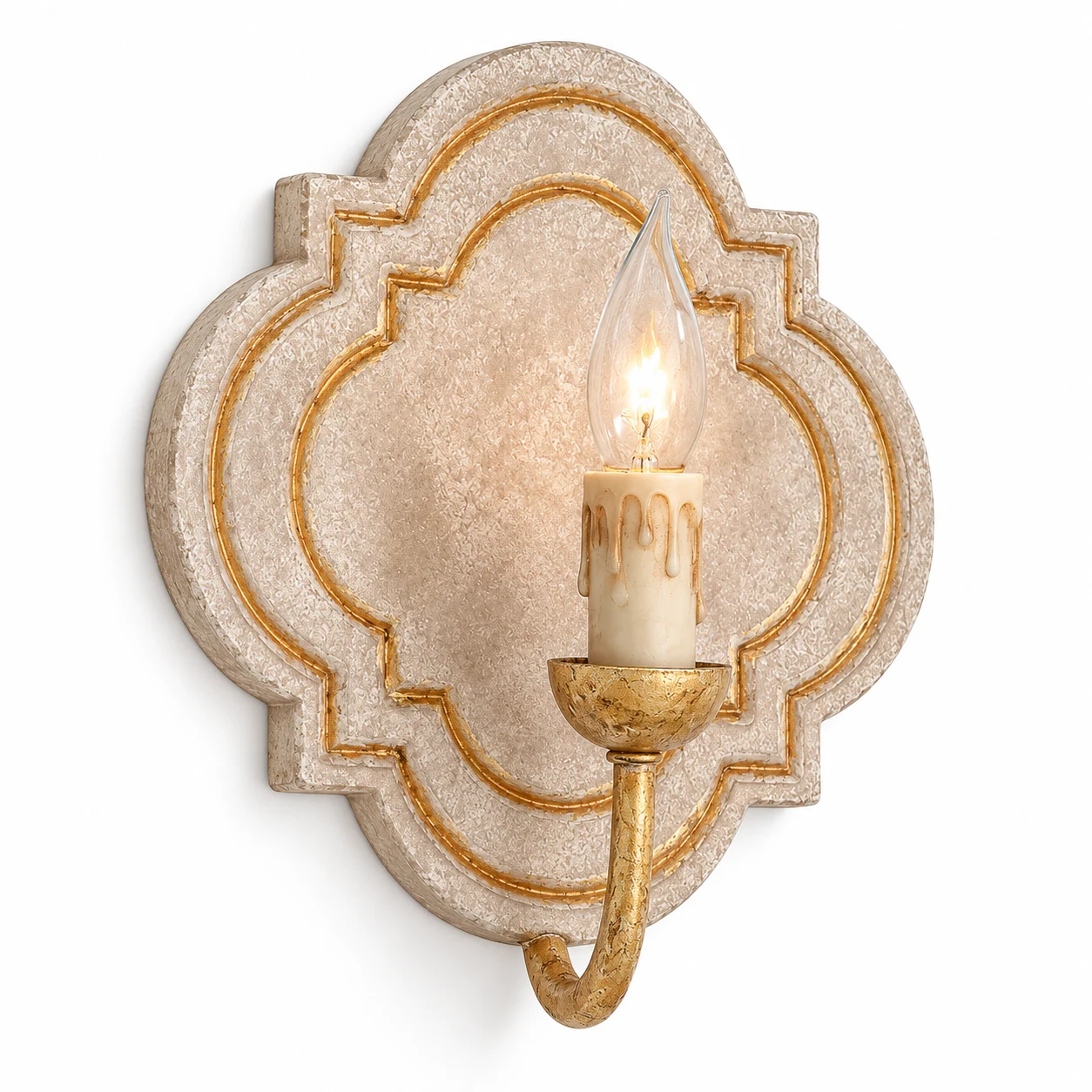 Nola carved quatrefoil wood wall sconce on white background