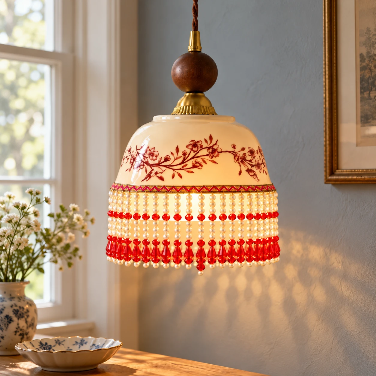 Vintage fringed ceramic pendant light near installed view